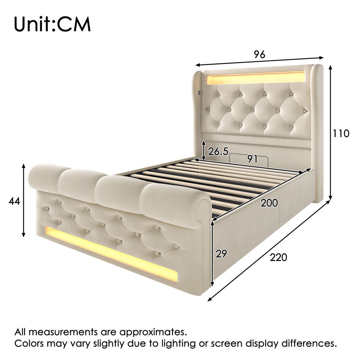 POLSTER EINZELBETT 90x200cm mit LED USB-C & Hydraulik Stauraum Beige - Beige, Holz (90/200cm) - FLIEKS