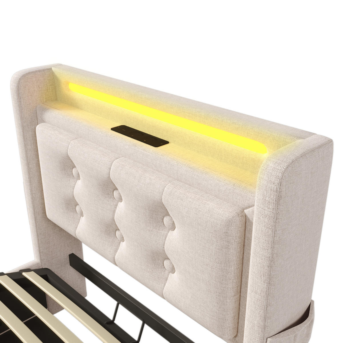 POLSTERBETT aus Baumwoll-Leinen 90x200 cm in Beige mit LED & USB-C - Beige, Textil (90/200cm) - Modfu