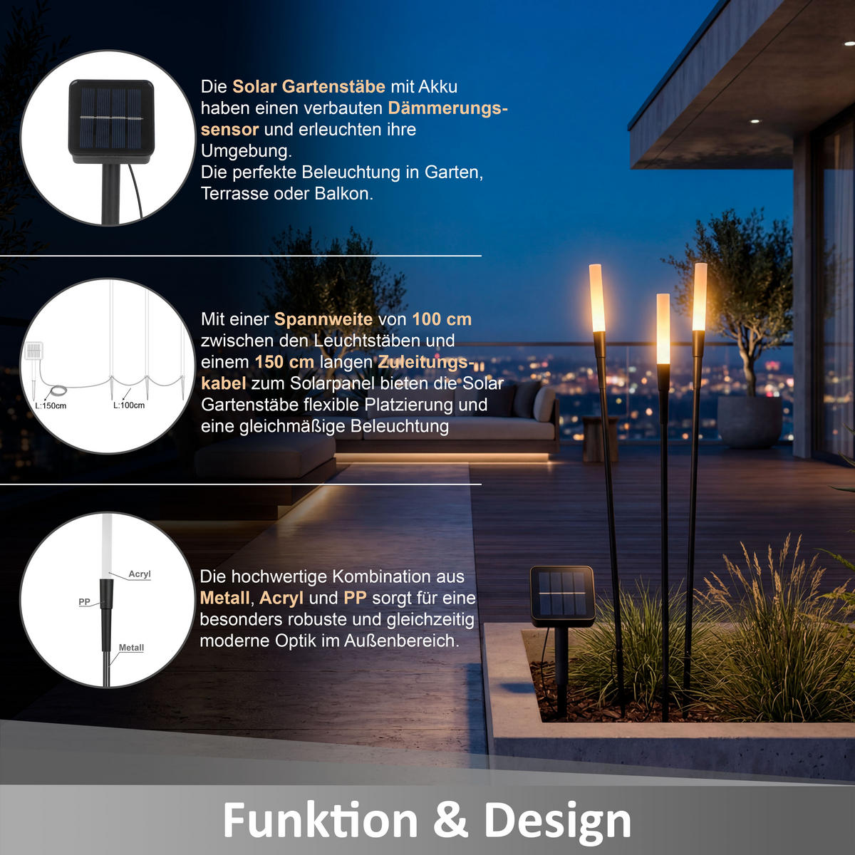 LED-GARTENSTECKER 6er-Set Solarleuchten warmweiß schwarz 121 cm Metall Acryl wetterfest mit Dämmerungssensor Außenbeleuchtung - Schwarz, Kunststoff (3/3/121cm) - Northpoint