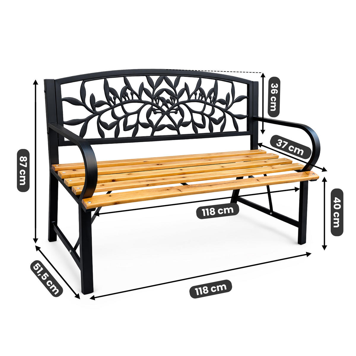 GARTENBANK REO Schwarz, Braun 118 x 87 x51,5 cm - Schwarz/Braun, Holz/Metall (118/87/51.5cm) - Akord