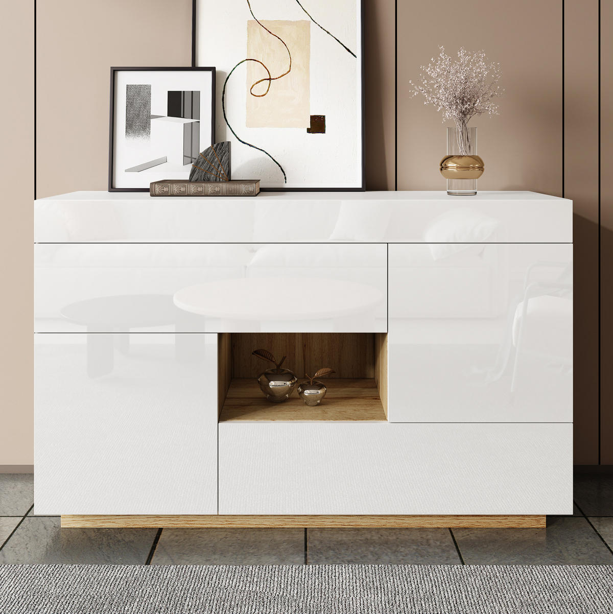 SIDEBOARD mit 2 Schubladen, Türen und offenem Fach, Hochglanz mit Holzoptik, integrierter 16-Farben-LED-Streifen, Spanplatte, 120/37/76,5 cm, Weiß - Weiß, Holzwerkstoff (120/37/76.5cm) - Redom