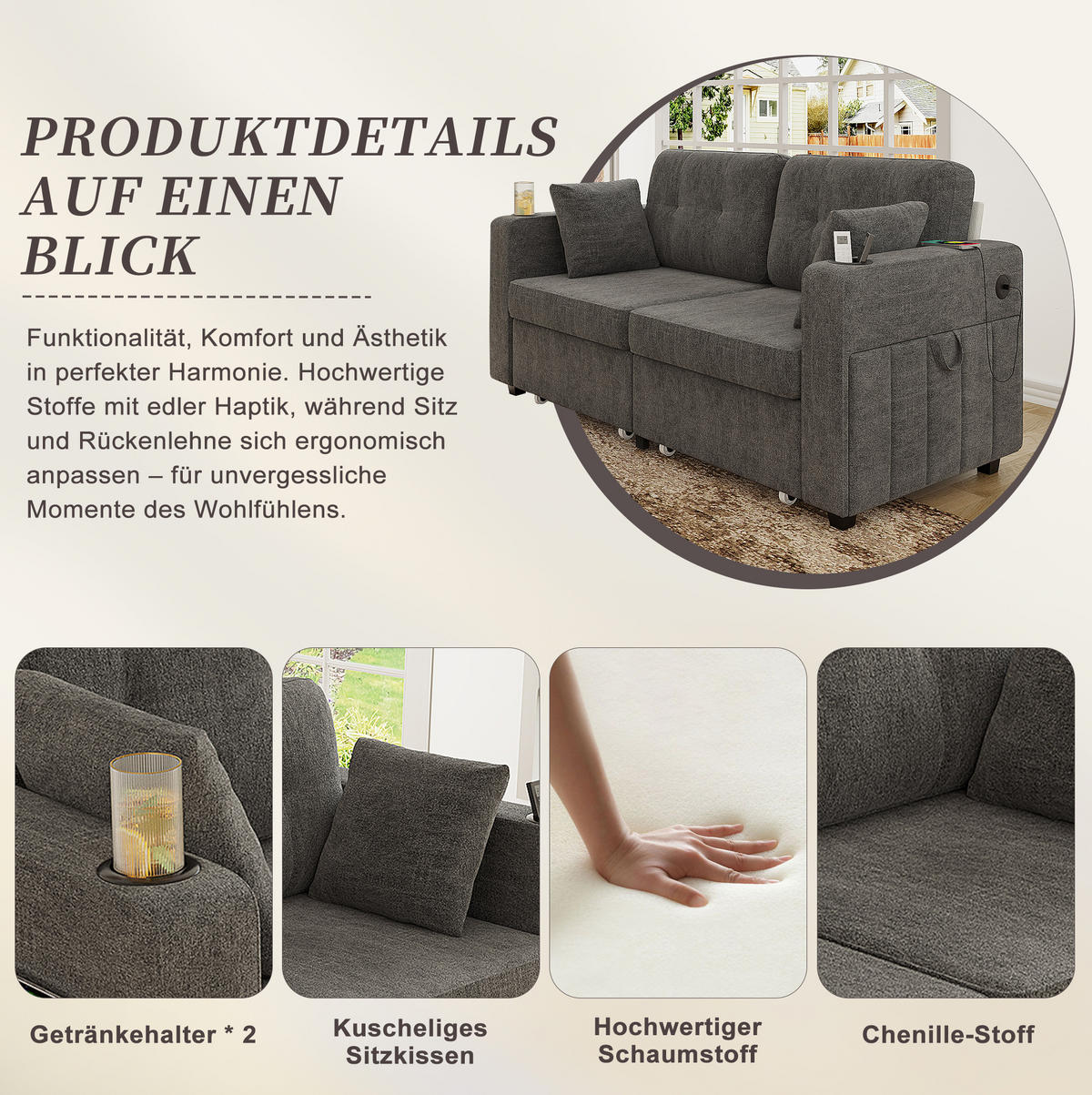 2-SITZER aus Chenille 172x75x82 cm in Grau mit USB-Anschlüssen & Stauraum - Grau, Textil (75/82/172cm) - Modfu