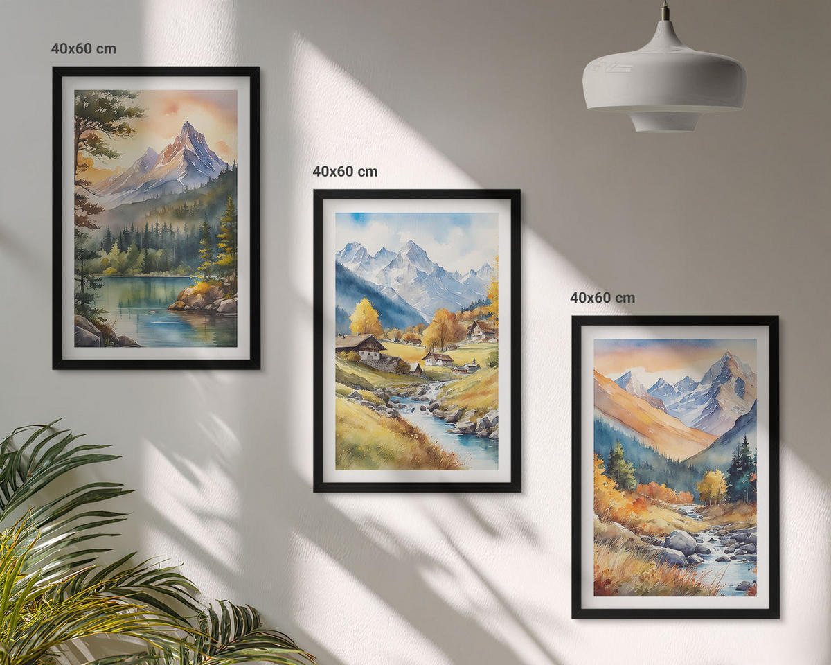 WANDBILDER 3er-Set - 40x60 cm Schwarzer Rahmen - Berglandschaft mit einem Fluss - Schwarz, Kunststoff (40/60cm) - ArtPrintCave