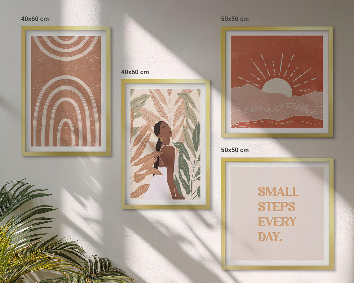 WANDBILDER 4er Set - 50x50 cm & 40x60 cm Goldrahmen - abstrakte Formen im Boho-Stil - Goldfarben, Kunststoff (50/50cm) - ArtPrintCave