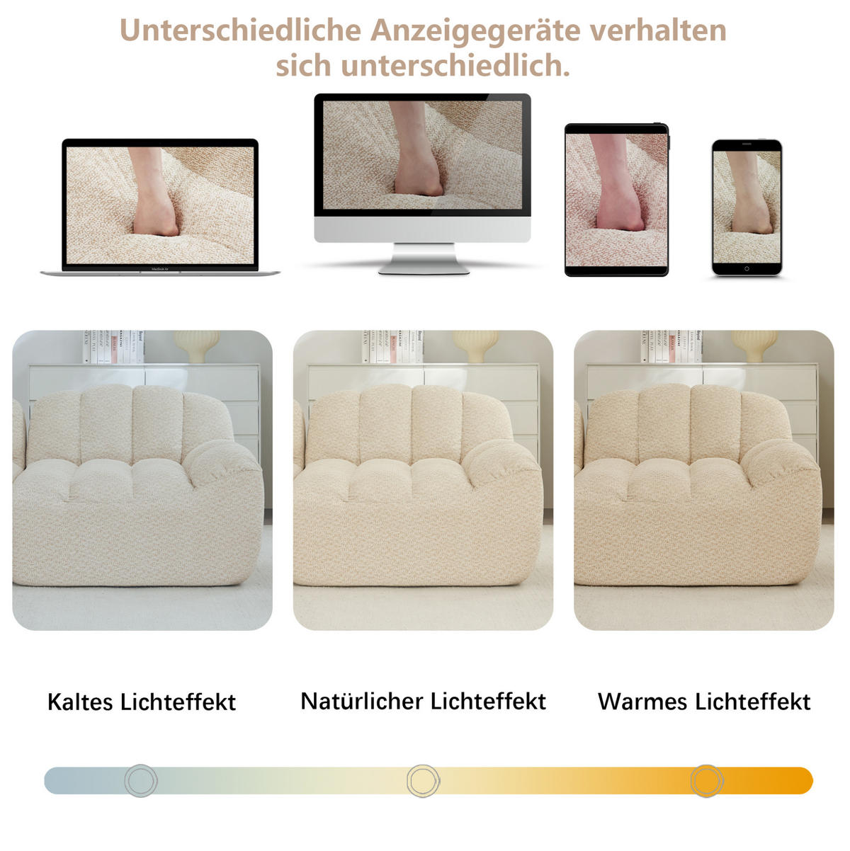 SOFA 210/165/79 cm in Beige-Weiß mit Ottoman und ohne Montage - Beige, Textil (165/79/210cm) - Flora Grace