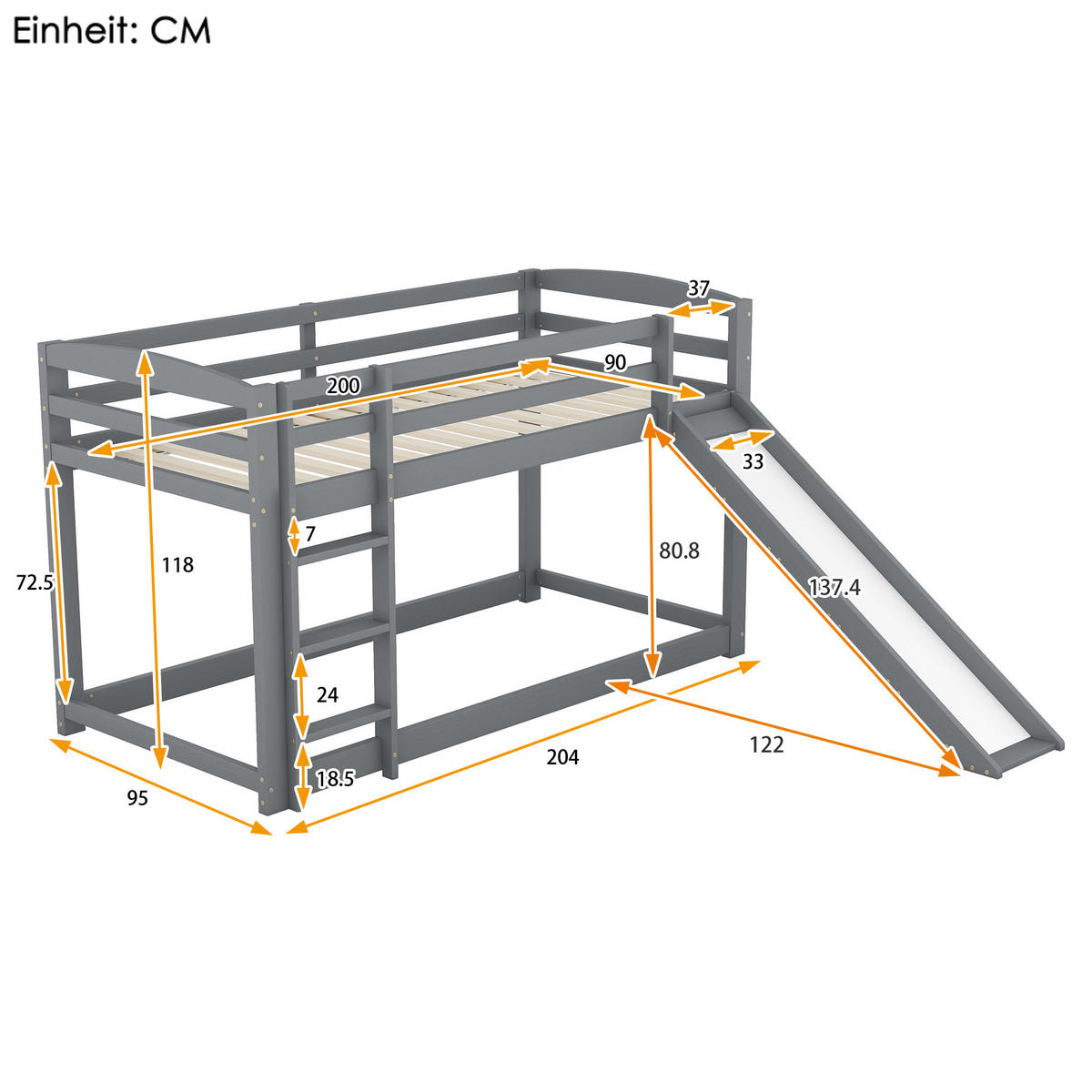 ETAGENBETT 90x200cm Grau für Kinder mit Rutsche Massivholz - Weiß, Holz (90/200cm) - FLIEKS