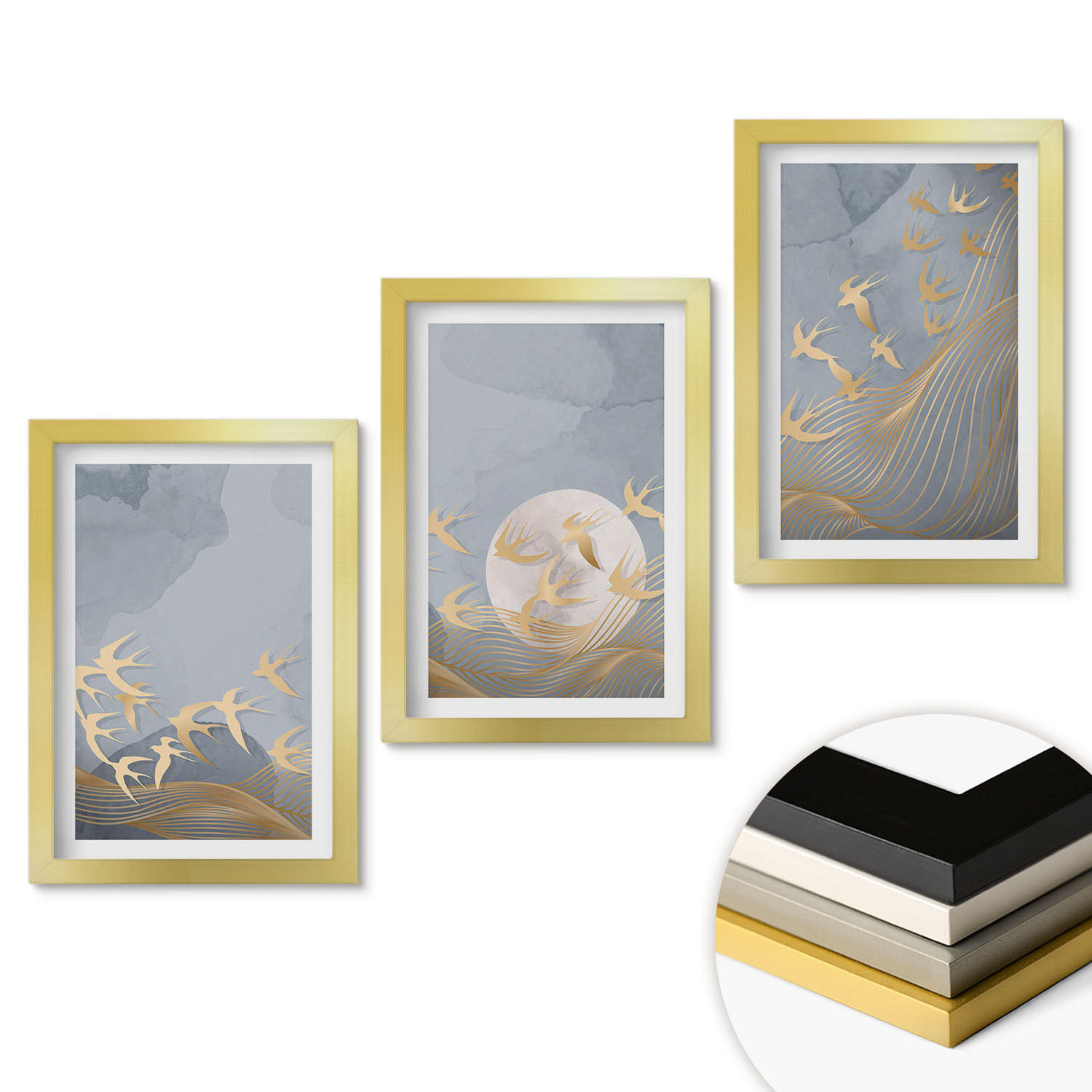 WANDBILDER 3er Set - 20x30 cm Goldrahmen - Vögel, die am Himmel fliegen - Goldfarben, Kunststoff (20/30cm) - ArtPrintCave