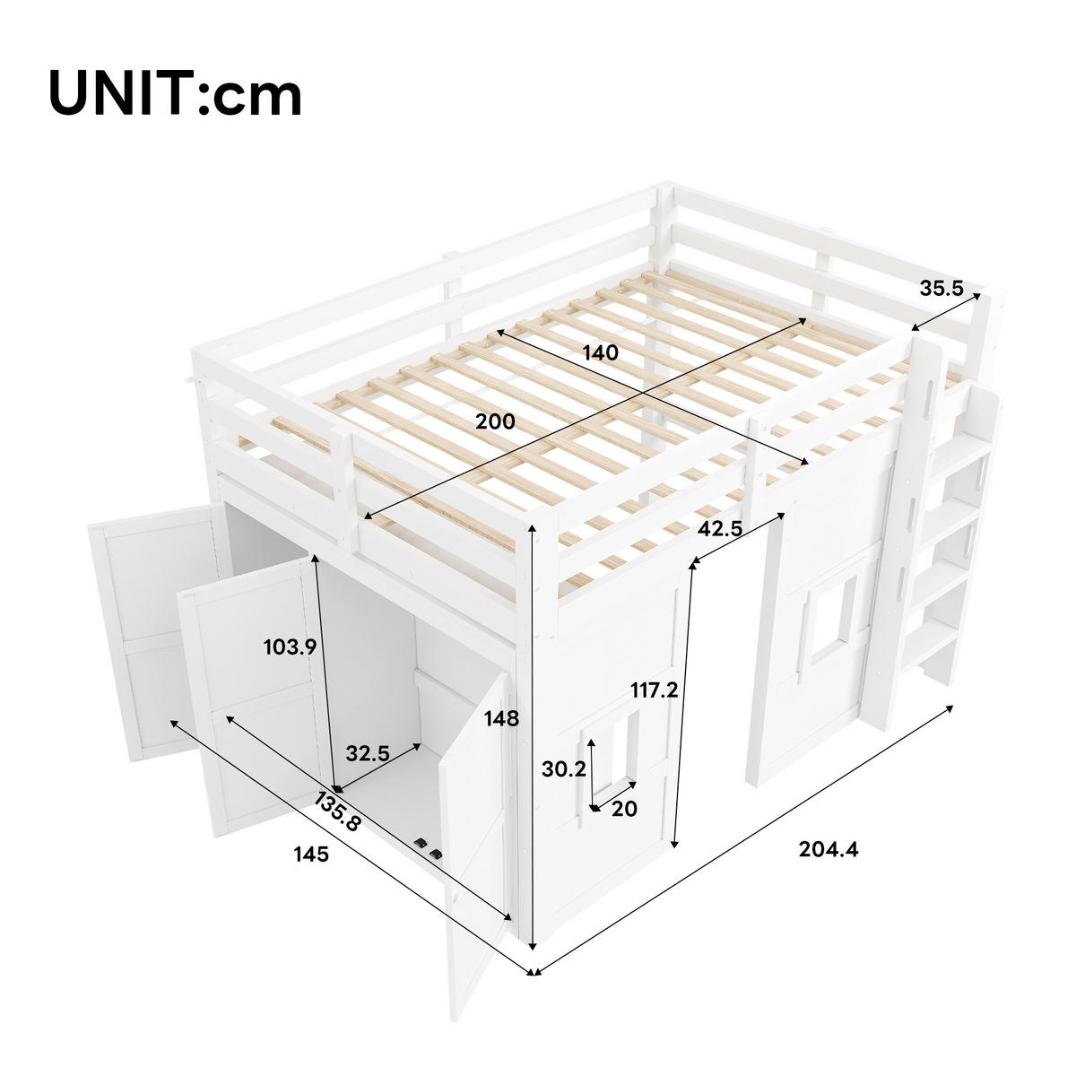 HOCHBETT 140/200 cm in Weiß mit Kleiderschrank, LED und 2 Fenstern - Weiß, Holzwerkstoff (140/200cm) - STILVORA