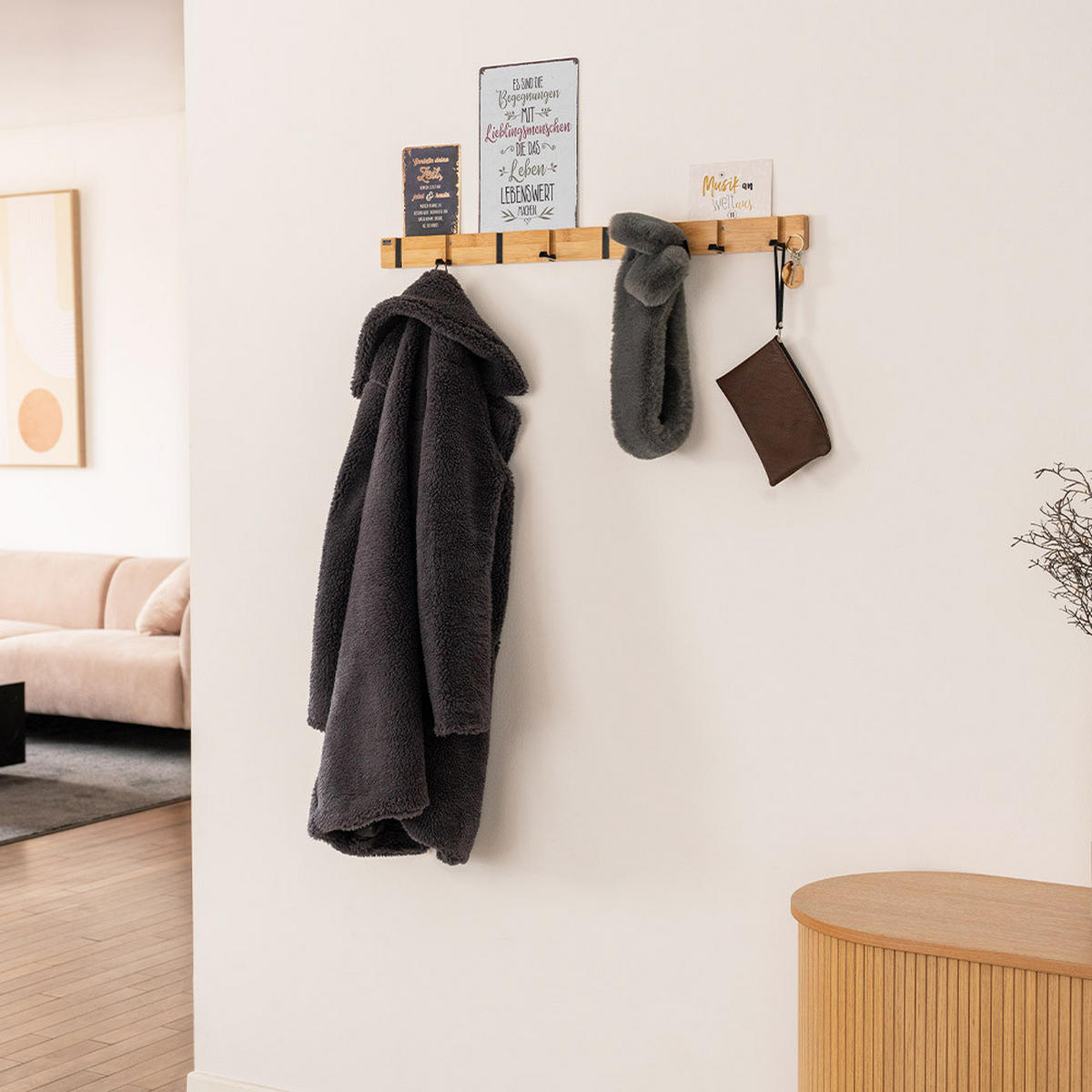 GARDEROBENLEISTE HOOK inkl. Haken und Magnete - Bambus - 8 x Haken - Naturfarben, Holz (82/5.5/2cm) - Home Deluxe
