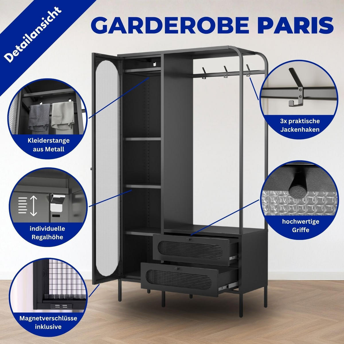 GARDEROBENSCHRANK PARIS Metall Schwarz - Schwarz, Metall (40/180/102cm) - Coemo