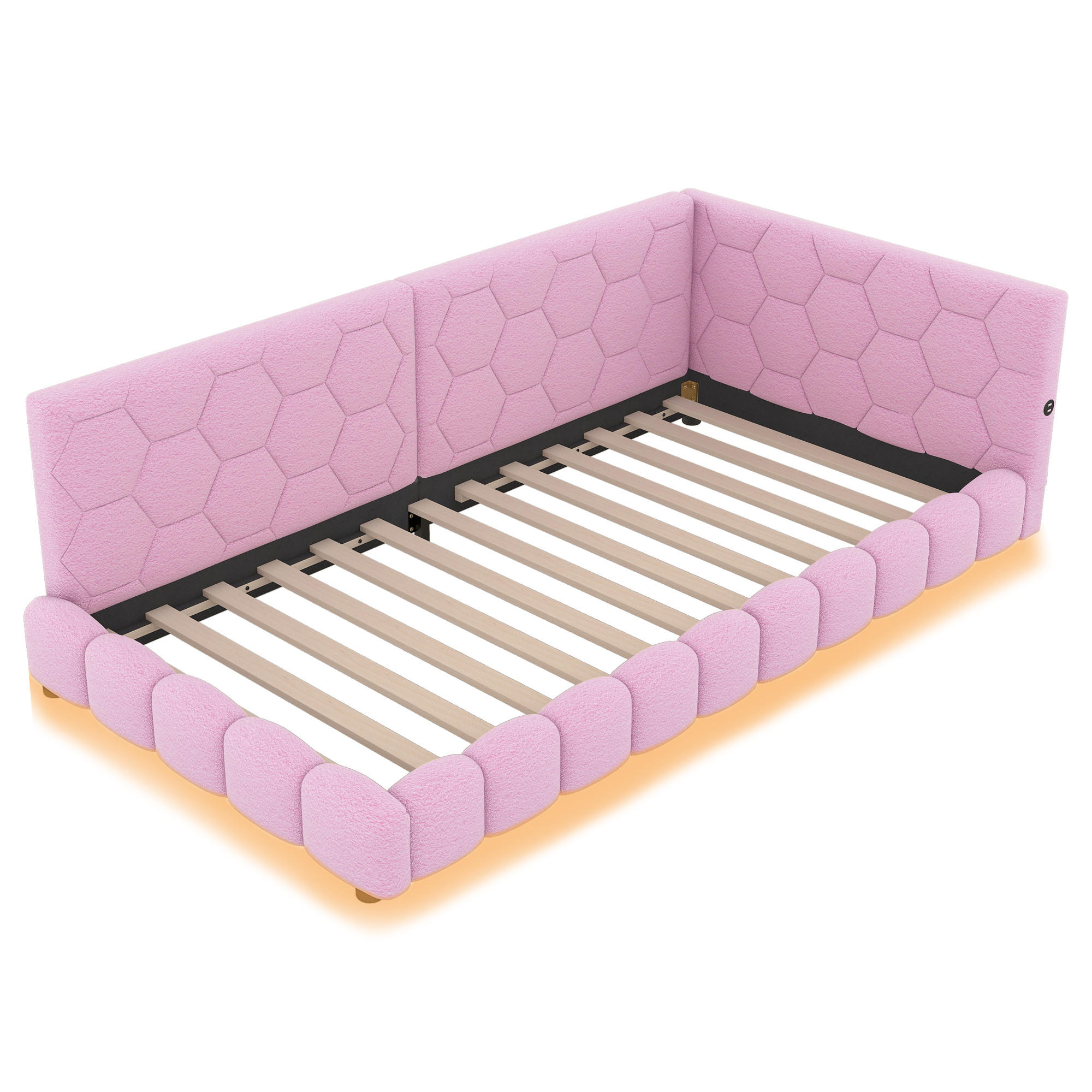Modfu DENNÍ postel z velvetu a MDF 90x200 cm růžová s LED osvětlením, USB a USB-C portem