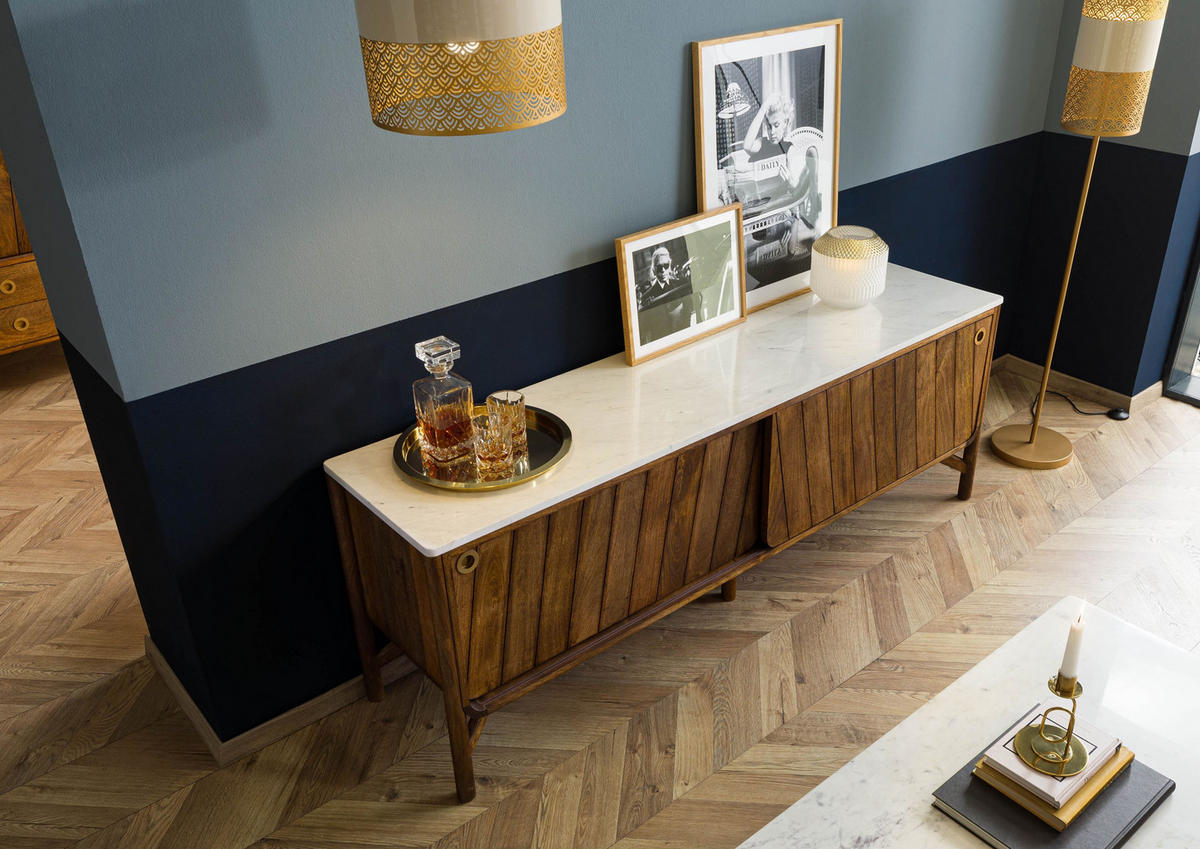 SIDEBOARD Mango 185x45x65 braun geölt / echter Marmor LOS ANGELES #07 - Braun, Holz (185/65/45cm) - Massivmoebel24
