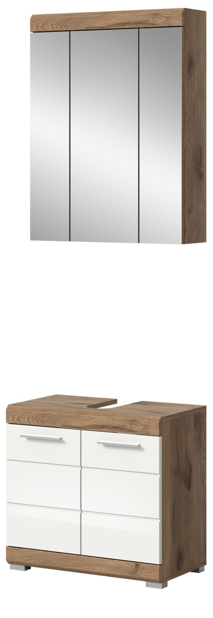 BADMÖBEL-SET weiß Hochglanz, Eiche 2-teilig 60 cm mit viel Stauraum - Weiß Hochglanz/Eichefarben, Glas/Holzwerkstoff (60/191/34cm) - Inn.Furn