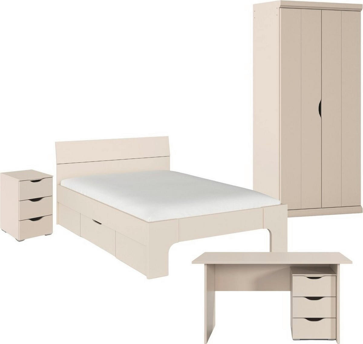JUGENDZIMMER Frieda in Beige 5-teilig mit 2 türigem Kleiderschrank ohne Schubkästen, 140er Jugendbett, Nachttisch, Schreibtisch mit Container - Beige, Holzwerkstoff (80/200/120cm)