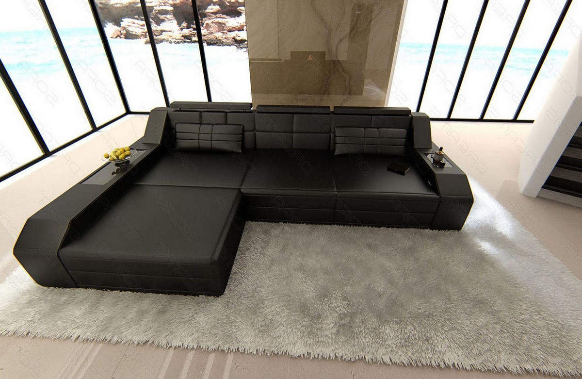 COUCH Arezzo L Schwarz Ledermix - Schwarz, Textil (308/194cm)