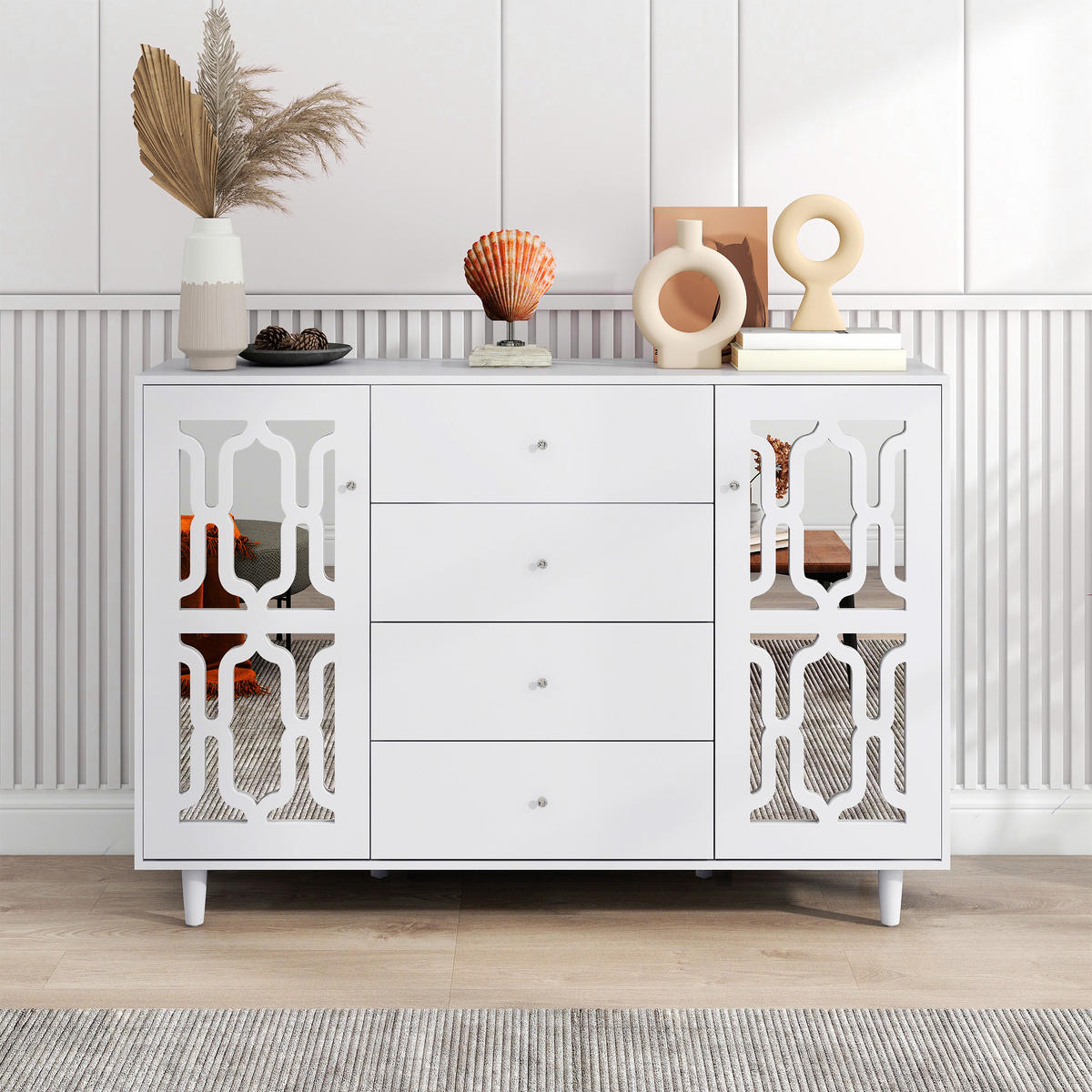 SIDEBOARD in Weiß Kommode mit Kristallgriffen für Wohnzimmer und Esszimmer, B147.5/T40/H102 cm - Weiß, Glas/Holzwerkstoff (147.5/102/40cm) - STILVORA