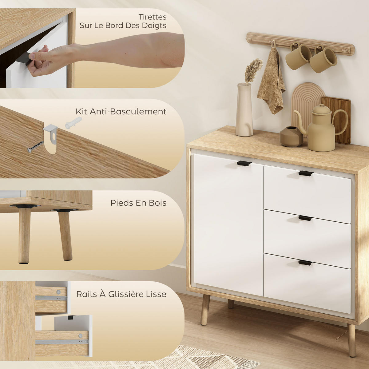 SIDEBOARD Weiß und Eiche-Nachbildung, 2 Türen, 3 Schubladen, 80/35/77 cm - Weiß Hochglanz, Holz (80/77/35cm) - PANGIVO