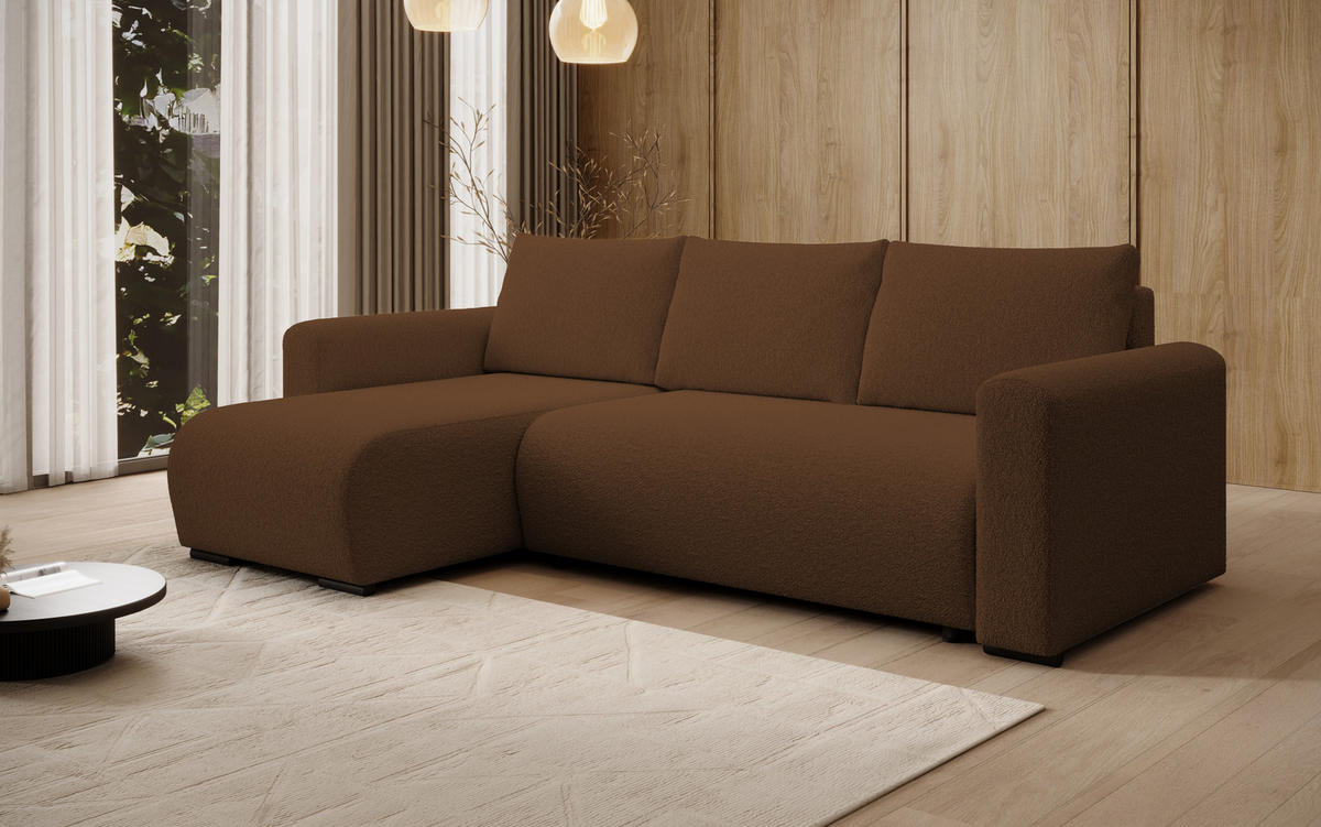 ECKSOFA DORA L, Eckcouch in L-Form mit Schlaffunktion und Bettkasten, Farbe: Braun, Bouclé-Stoff, Ottomane Links - Braun, Textil (240/143cm) - Storez24