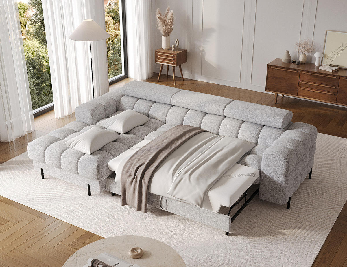 ECKSOFA FELRO mit Schlaffunktion, Bettkasten & verstellbaren Kopfstützen – Modernes Premium-Ecksofa in L-Form - Grau, Kunststoff (285/181cm) - Wohnideebilder