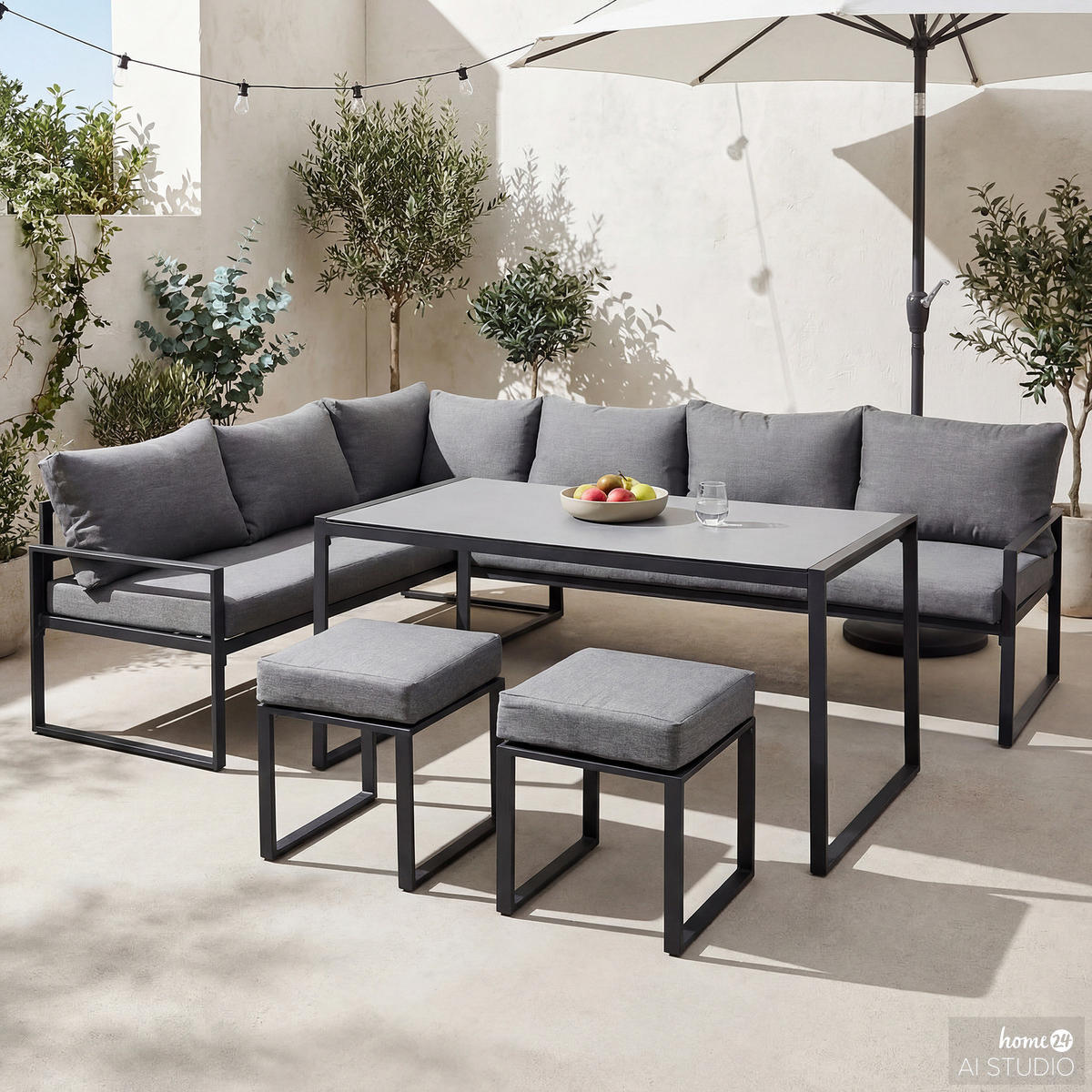 GARTENSITZGRUPPE - 5-teilig - Stahl / Polyester - Schwarz / Grau - Schwarz/Grau, Glas/Textil - home24