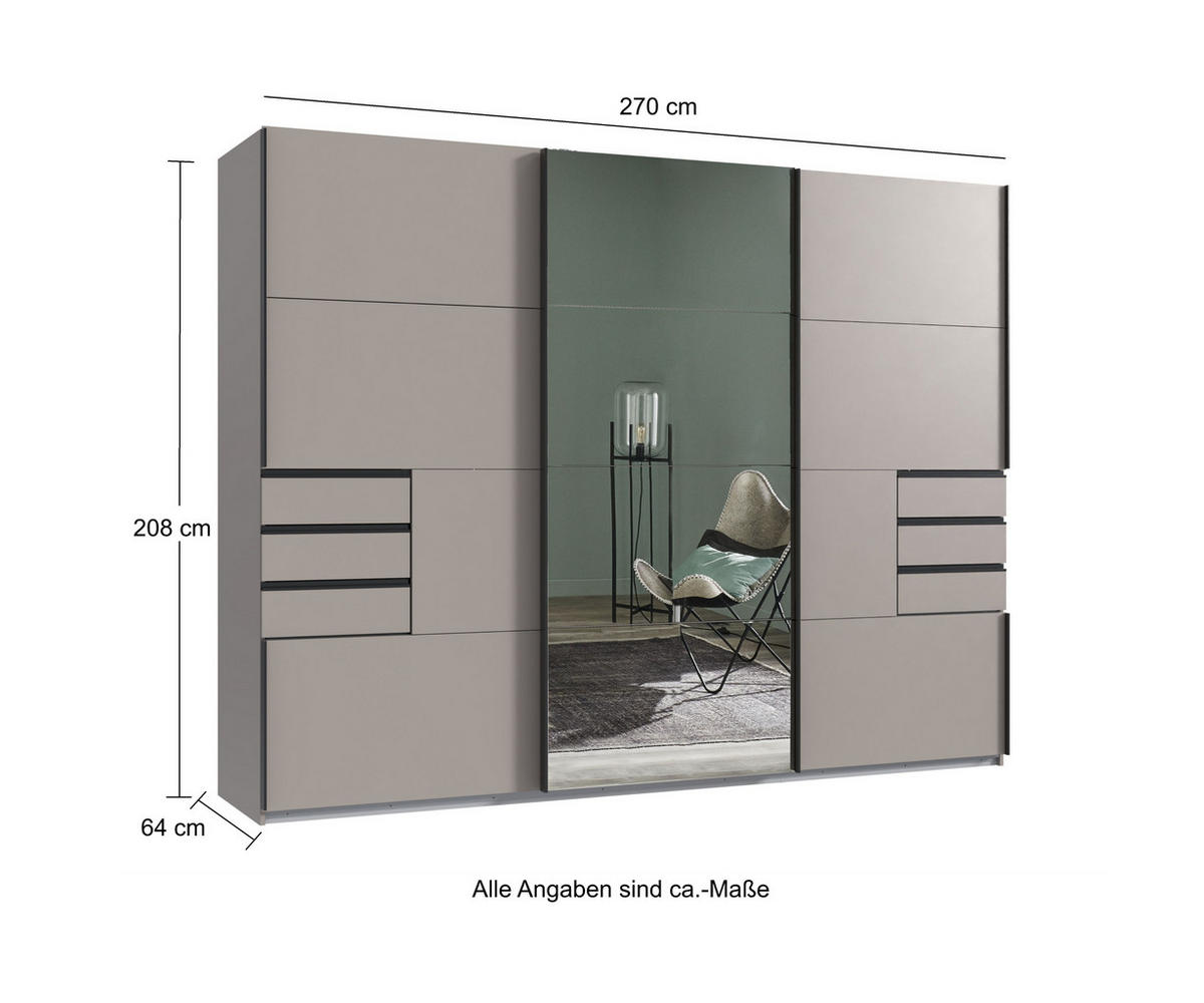 SCHWEBETÜRENSCHRANK 3-türig B270/H208/64 cm, Sandgrau, eine Spiegeltür, Kleiderschrank mit Schubladen & Vollausstattung / 22615 - Graubraun/Anthrazit, Holzwerkstoff/Metall (270/208/64cm) - luma-home