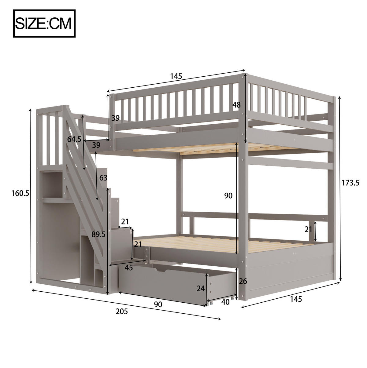 ETAGENBETT 140/200 cm aus Kiefernholz mit Stauraumtreppe und Schubladen Grau - Grau, Holz (140/200cm) - Modenvie