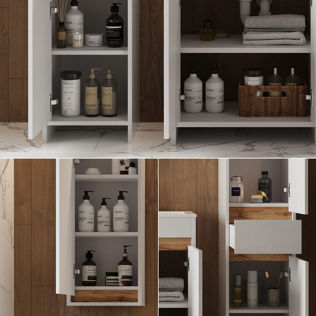 BADMÖBEL-SET Lemgo Weiß Hochglanz 5er-Set - Honigeiche/Weiß Hochglanz, Holzwerkstoff (59.6/81.9/40cm) - Vicco