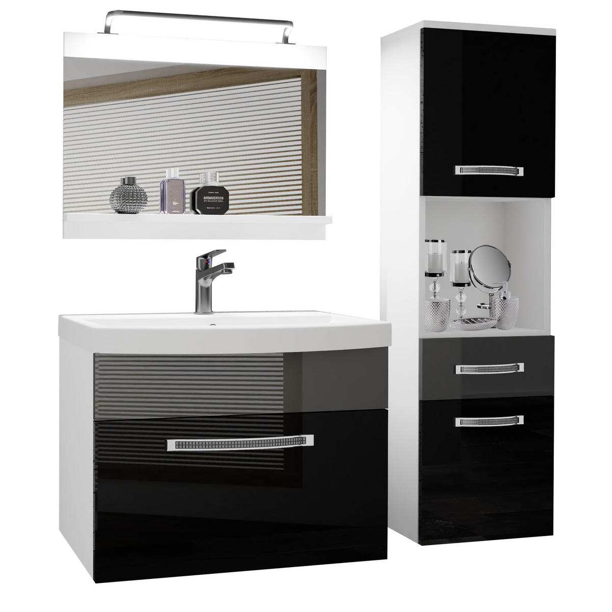 BADMÖBEL Badezimmer Schwarz Silber Glänzend - Silberfarben/Schwarz, Holz (100/113/40cm) - B BELINI GROUP