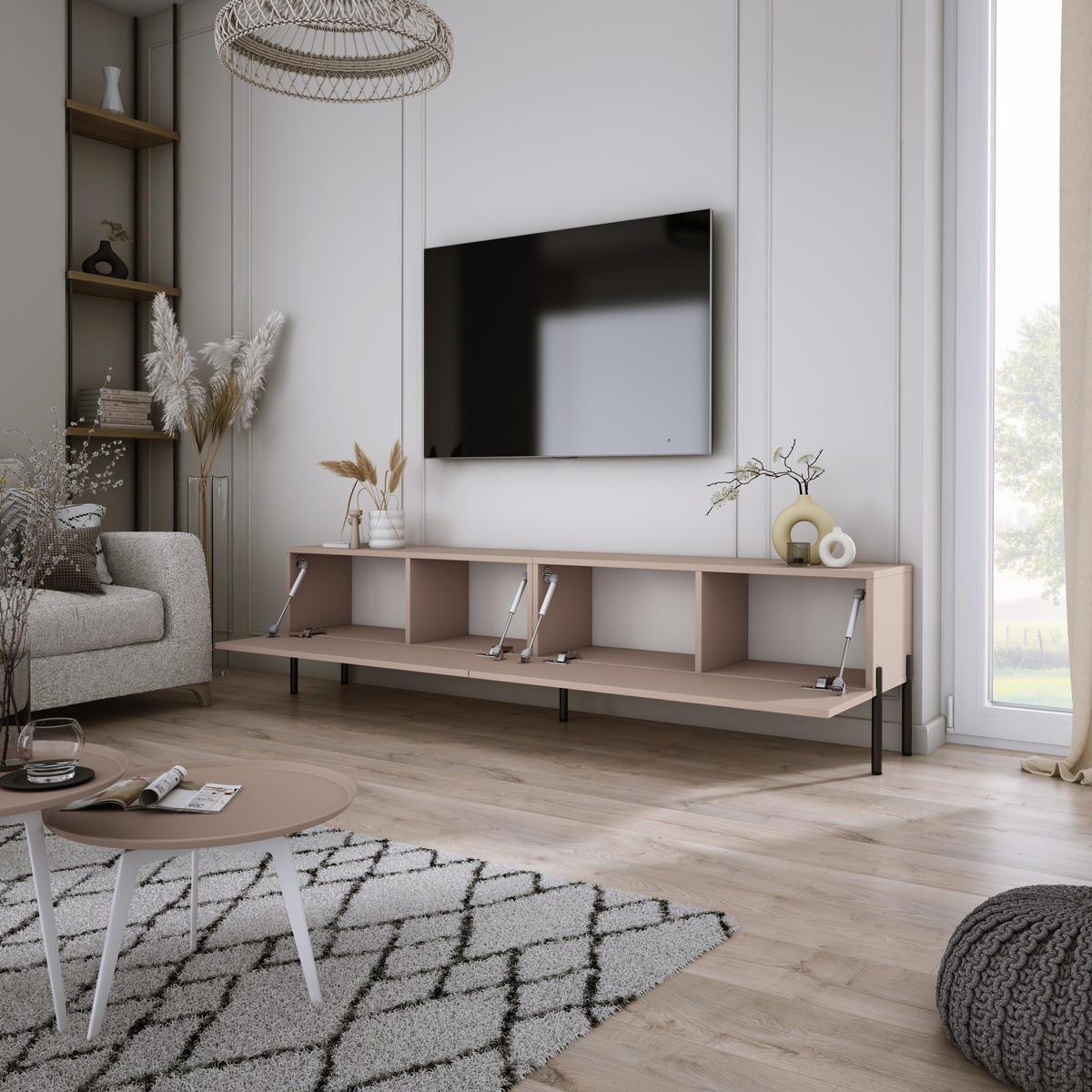 TV-SCHRANK : Karamellbraun, 170 x 52 x 32 cm, schwarze Beine - Schwarz/Braun, Holzwerkstoff/Metall (170/52/32cm) - 3XE LIVING