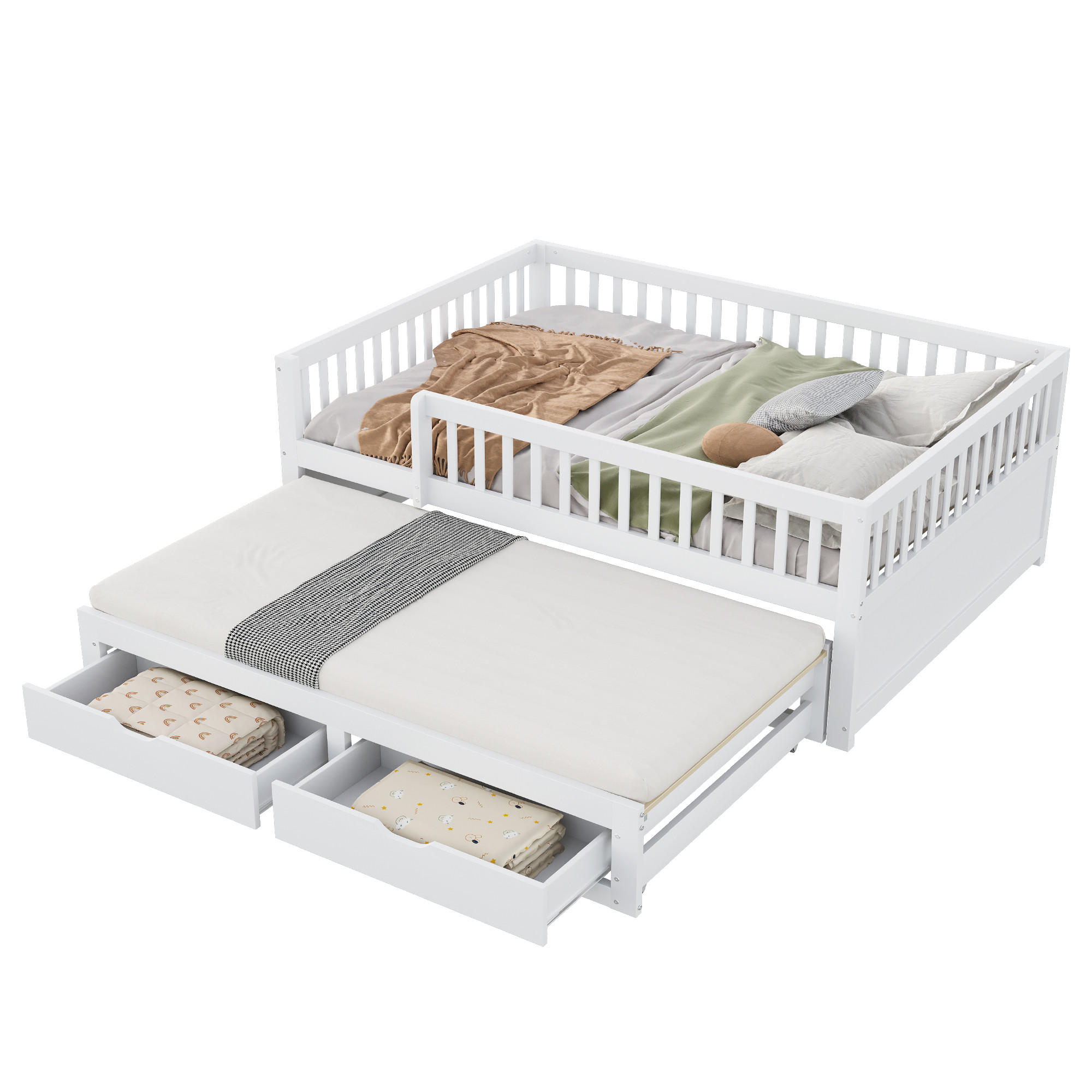 MULTIFUNKTIONSBETT 140/200 cm aus Massivholz mit Sicherheitsgitter und Ausziehbett Weiß - Weiß, Holz - OKWISH