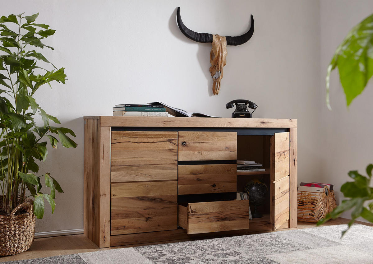 SIDEBOARD Wildeiche / Zerreiche 155x43x80 natur geölt MONTREUX #154 - Braun, Holz (155/80/43cm) - Massivmoebel24
