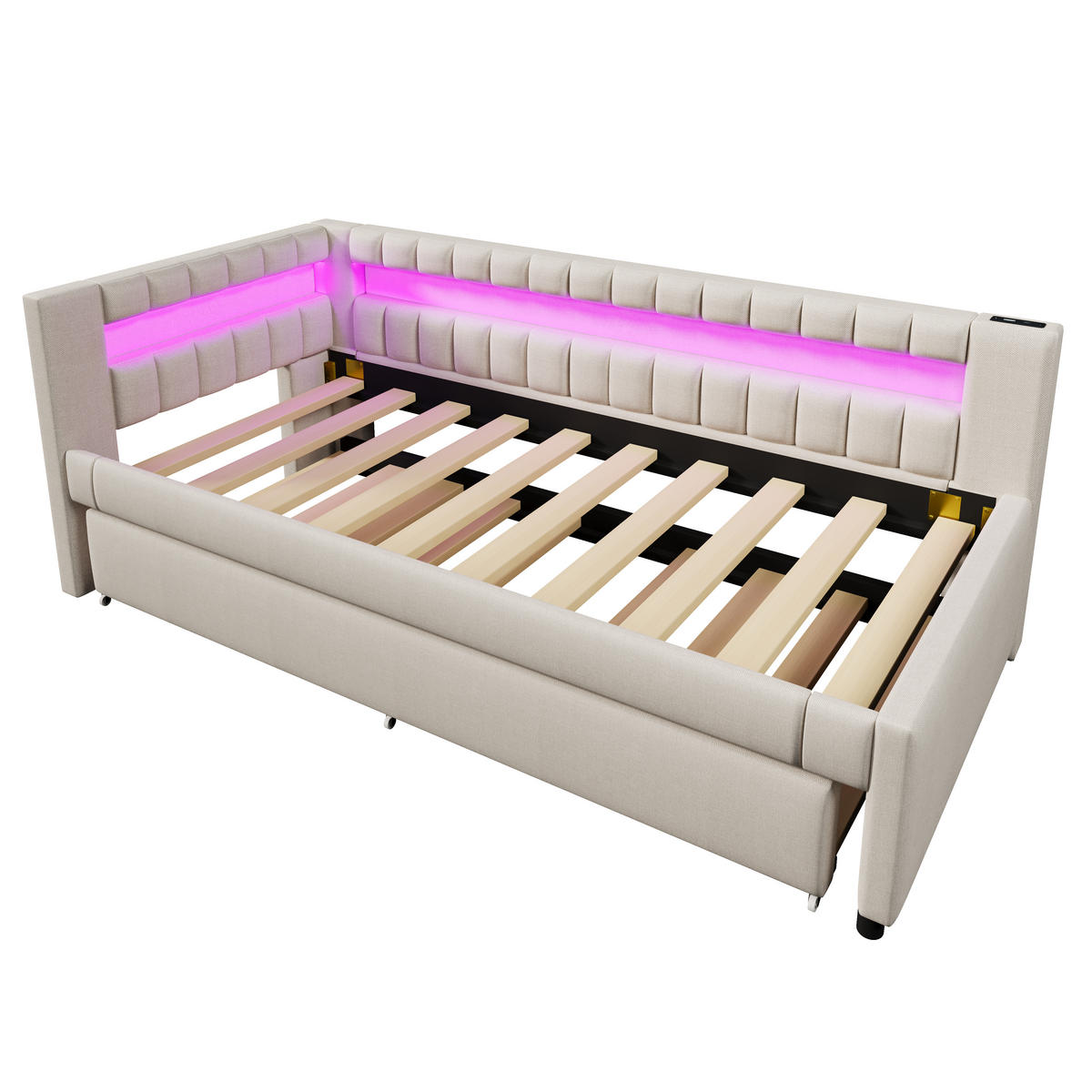 POLSTERBETT aus Leinen 90x200 cm in Beige mit Ausziehbett, LED & USB-Type-C - Beige, Textil (90/200cm) - Modfu