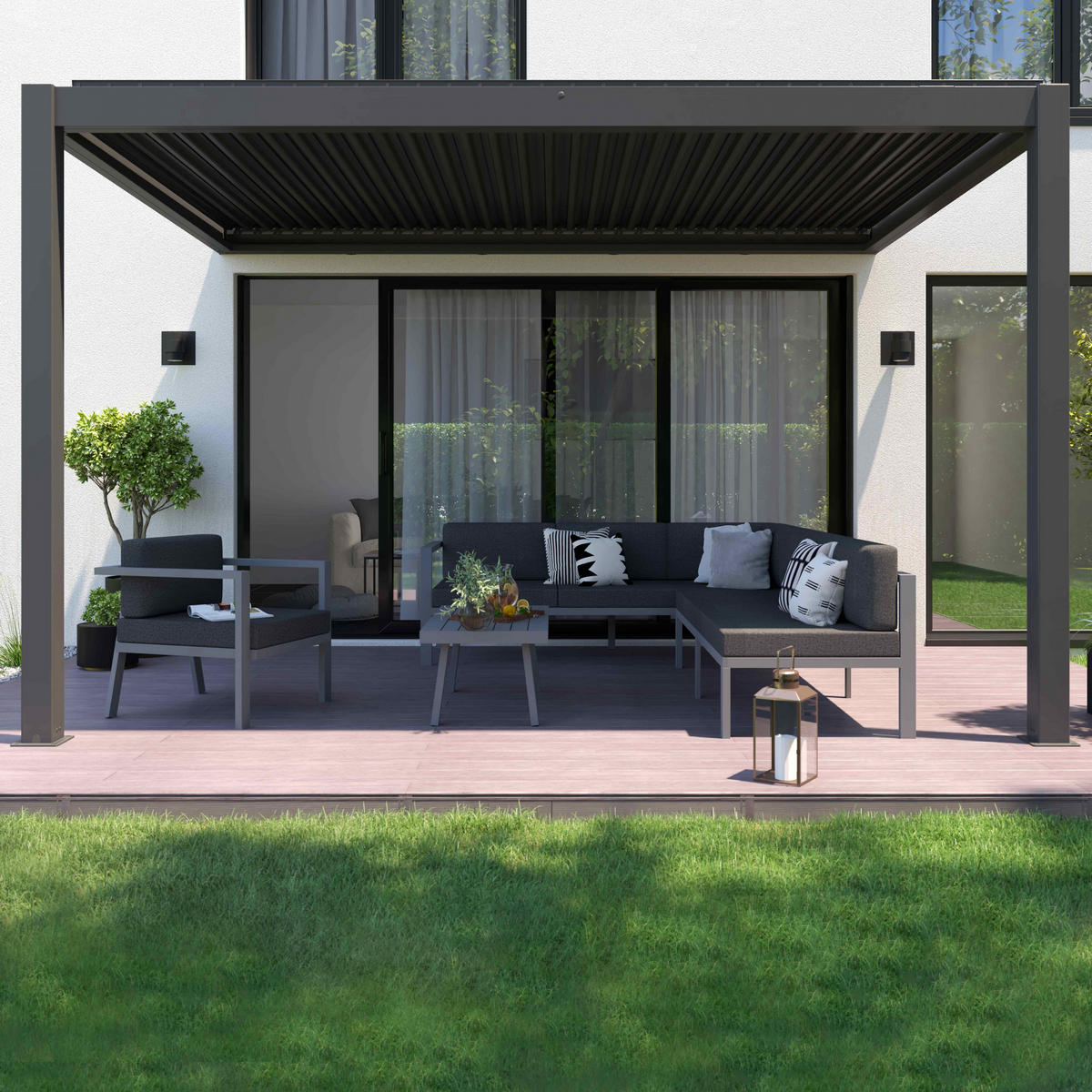 PERGOLA 3x4m, beleuchtet, motorisiert mit 2 Markisen, Grau - Grau, Metall (275/257/397cm) - Oviala