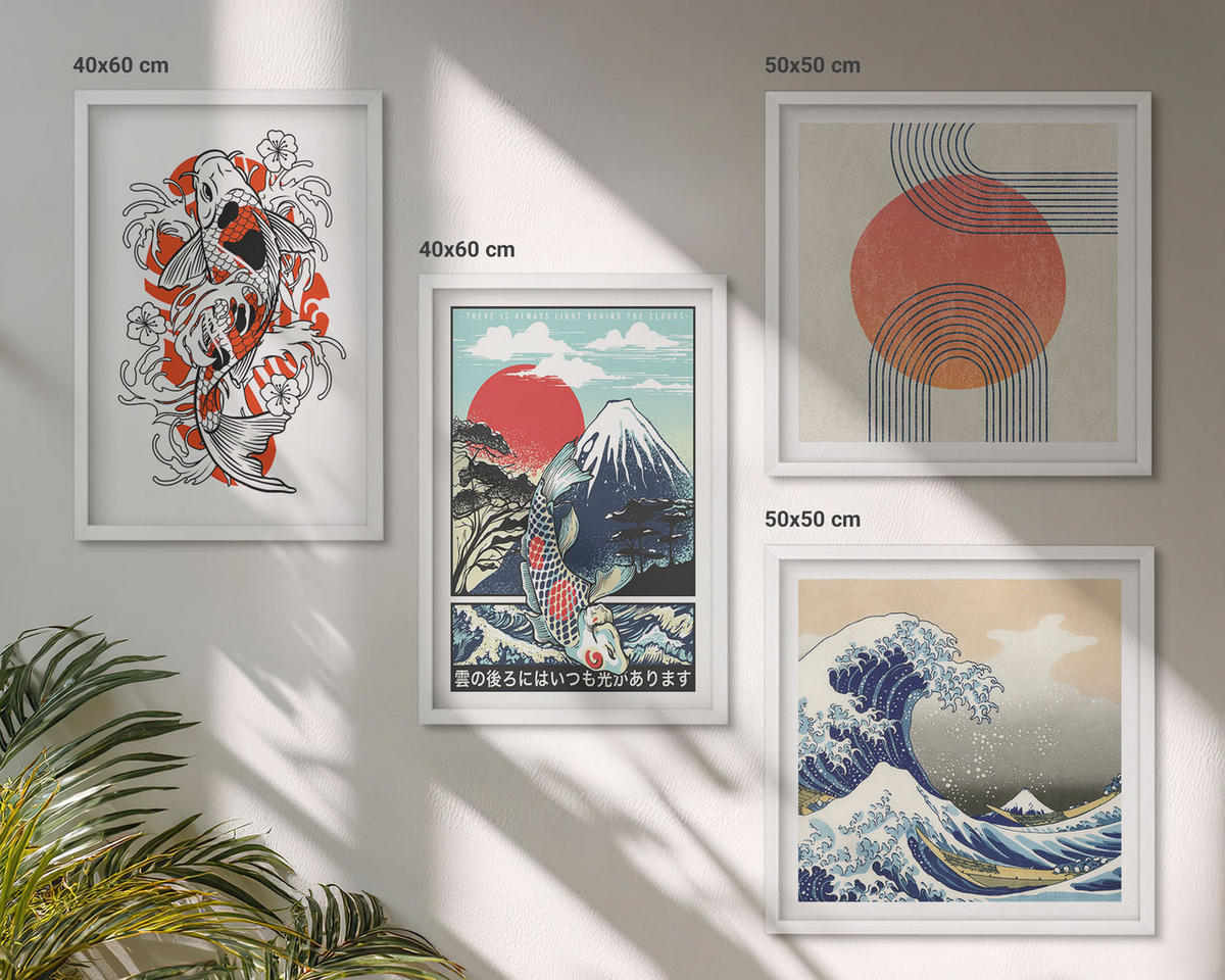 BILDER SET 4er Set - 50x50 cm & 40x60 cm Weißer Rahmen - Illustrationen von Fischbergen, die sich in Japan ausbreiten - Weiß, Kunststoff (50/50cm) - TULUP