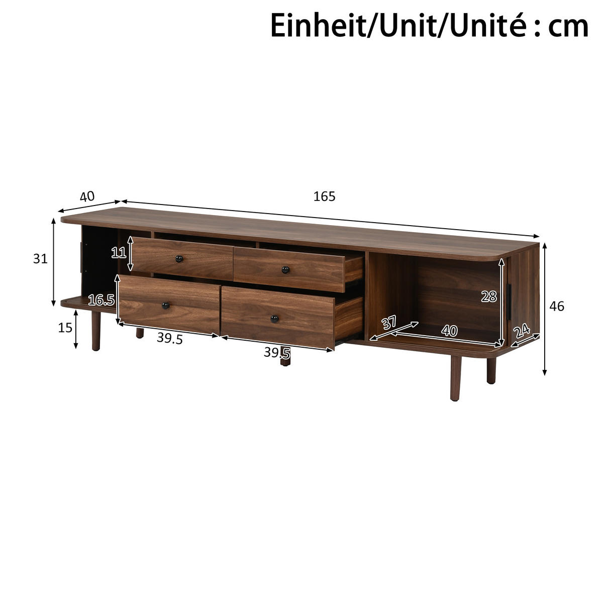 LOWBOARD DE-40295 mit Schubladen und Schiebetüren Nussbaum - Walnussfarben, Holzwerkstoff (165/46/40cm) - ComfortXL