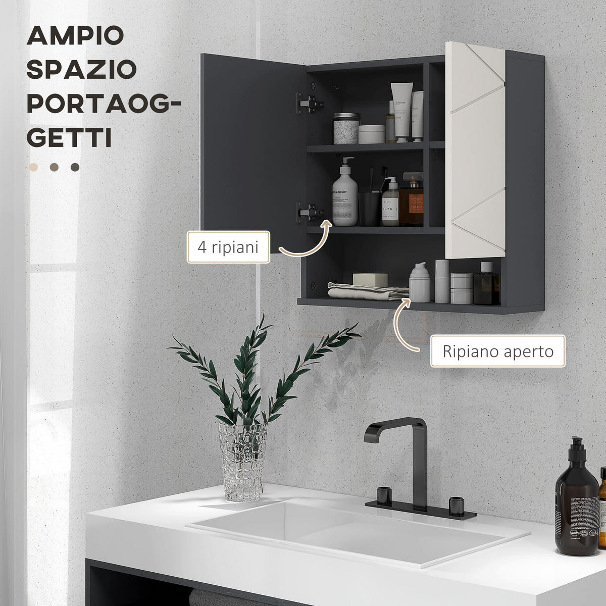 BADEZIMMER-SPIEGELSCHRANK mit 2 Türen und verstellbaren Holzregalen, 55 x 17 x 55 cm ,Grau - Hellgrau, Glas (55/55/17cm) - Vallsero