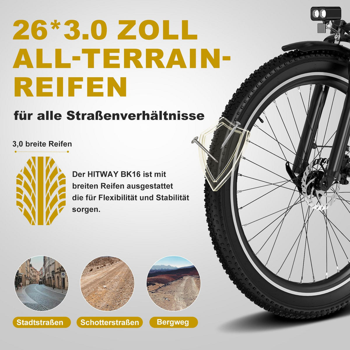 E-BIKE Cityrad BK16 Pedelec 26 *3,0 Zoll, mit 48V18Ah Akku bis zu 120km - Schwarz, Metall (27cm) - HITWAY