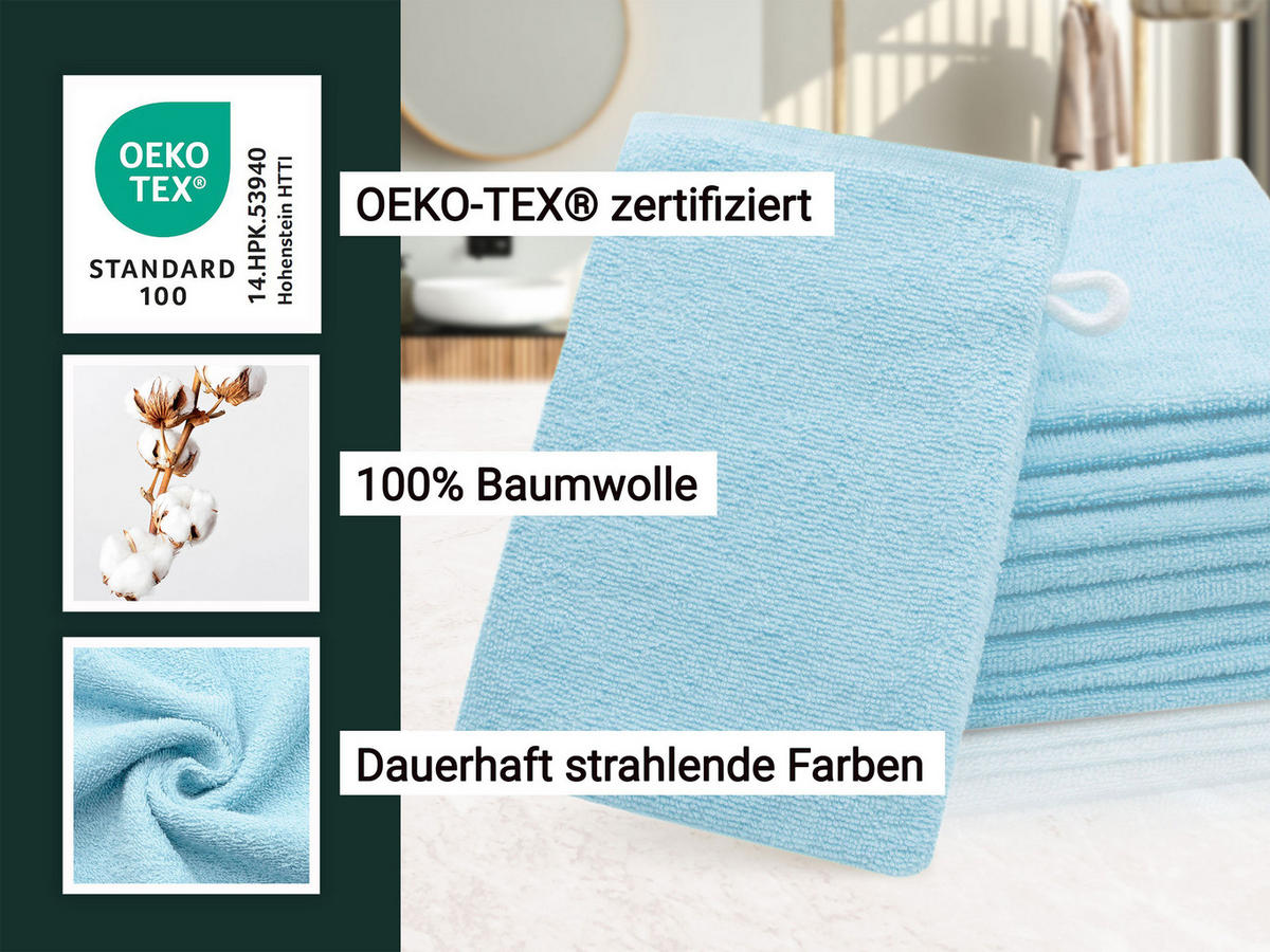 WASCHHANDSCHUH, 10er-Set, 16x21 cm, 100% Baumwolle, Blau - Hellblau, Textil (16/21cm) - Zollner