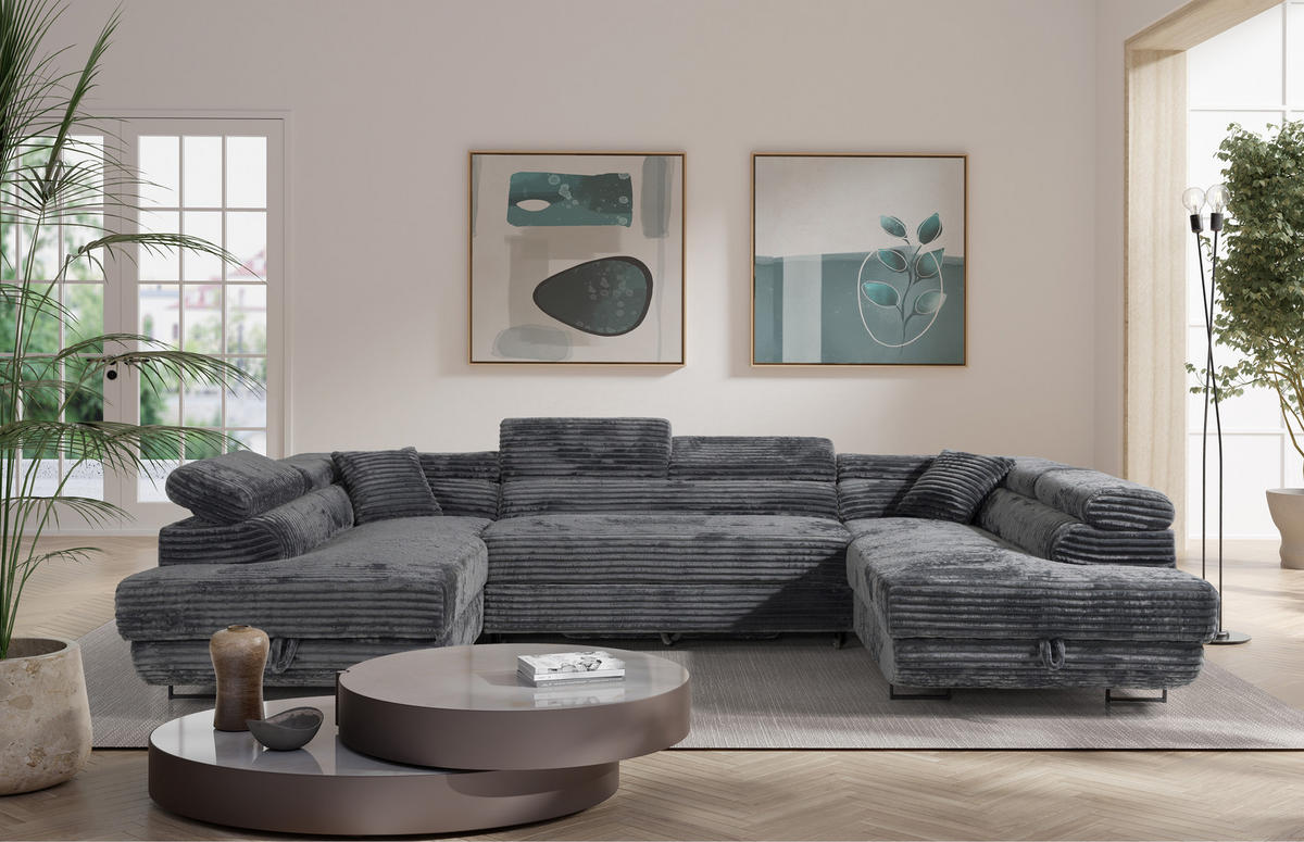 WOHNLANDSCHAFT SERENA U mit Stauraum, Grau - Grau, Textil (340/90/205cm) - KS Home Concept