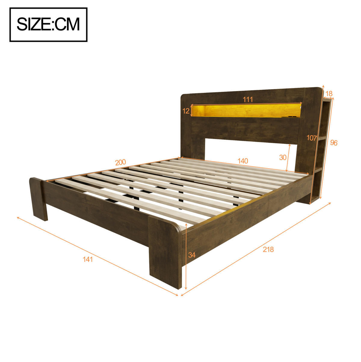 MULTIFUNKTIONSBETT 140x200 cm in Vintage-Holzoptik mit LED-Beleuchtung und Steckdosen - Naturfarben, Holz (140/200cm) - IVMEU