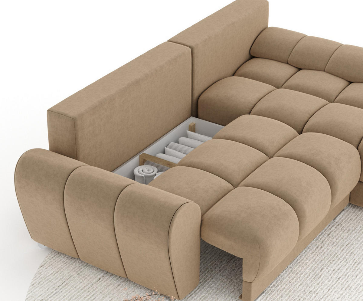 ECKSOFA MIT SCHLAFFUNKTION Peebles Beige Samtstoff - Chromfarben/Beige, Holz/Holzwerkstoff (256/175cm) - Maison de Reve