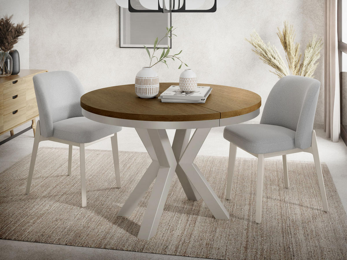ESSTISCH Clara Grau-Beige runder ausziehbarer, Lefkas Eiche 120-200/120/76 cm - Alteiche/Grau, Holzwerkstoff/Metall (120/120/76cm) - WFL GROUP