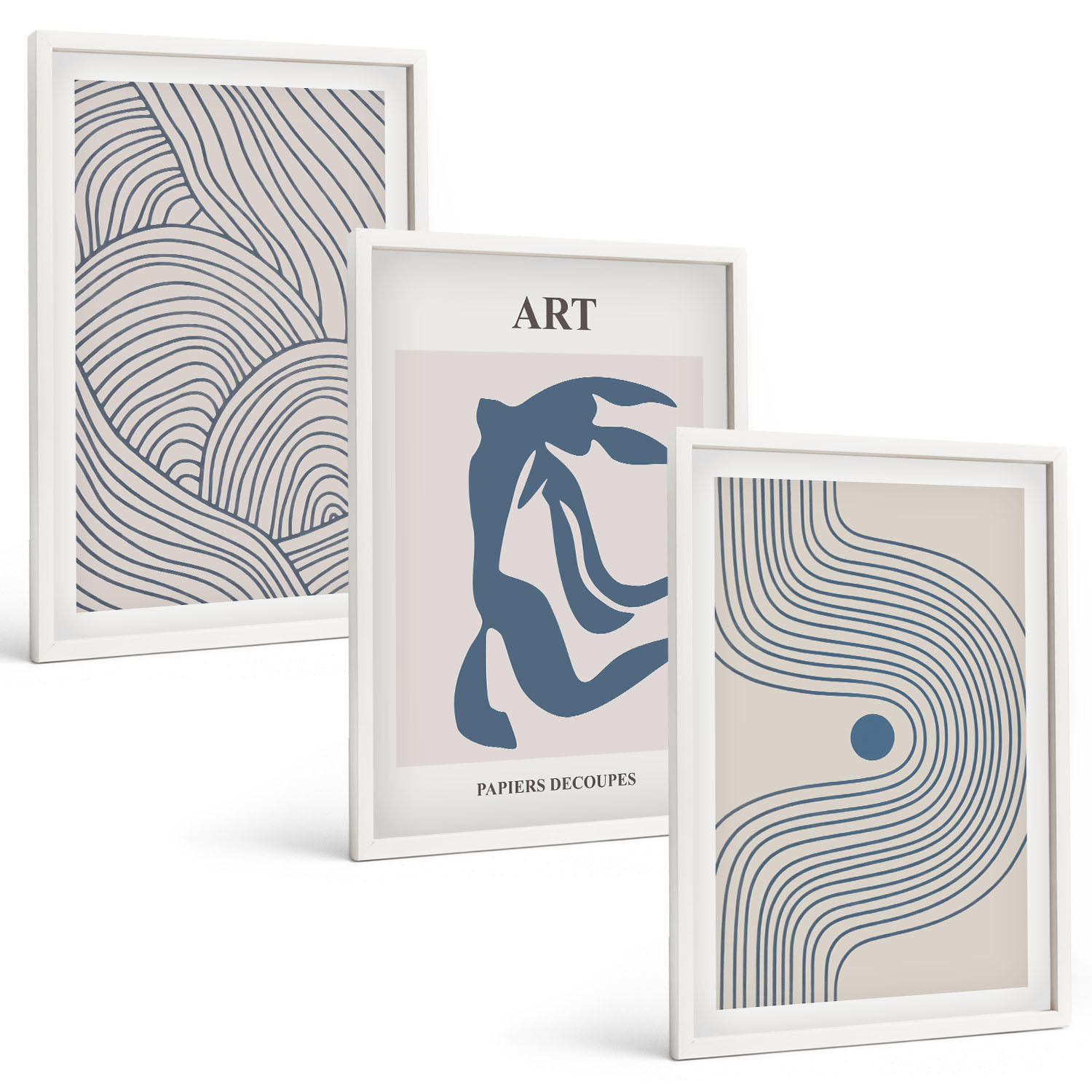 BILDER SET 3er Set - 40x60 cm Weißer Rahmen - Abstrakte blaue Linien - Weiß, Kunststoff (40/60cm) - TULUP