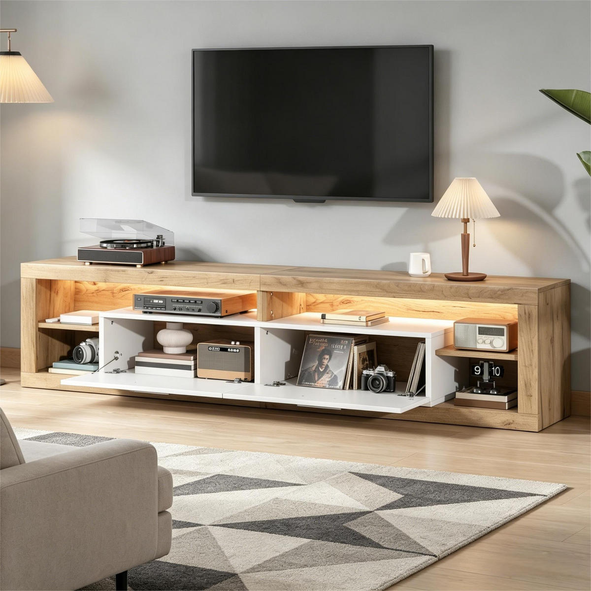 TV-SCHRANK 180cm LED 2 Schubladen 4 Fächer Lowboard Natur Weiß - Naturfarben, Holzwerkstoff (180/50/35.5cm) - FLIEKS