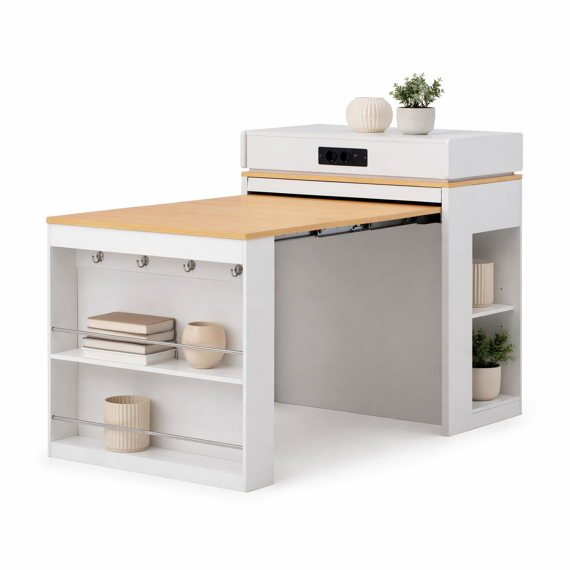 KÜCHENINSEL in Naturfarbe und Weiß Servierwagen mit Steckdosen und Haken für Esszimmer und Küche, B83/T46/H96 cm - Weiß, Glas/Holzwerkstoff (83/96/46cm) - STILVORA