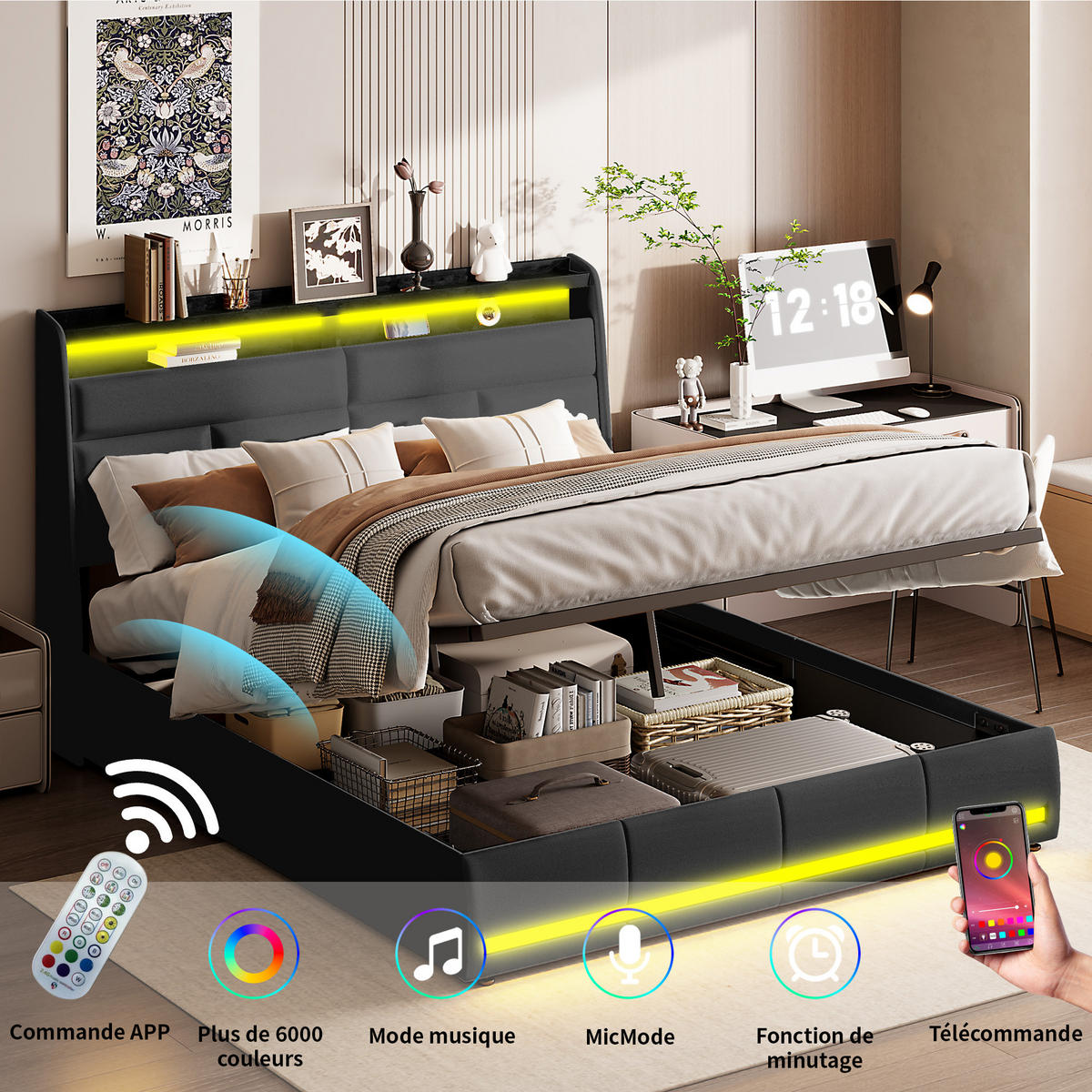 POLSTERBETT 140x200 cm, Schwarz, mit Lattenrost & Stauraum, Doppelbett mit LED, Kunstleder - Schwarz, Textil/Metall (140/200cm)