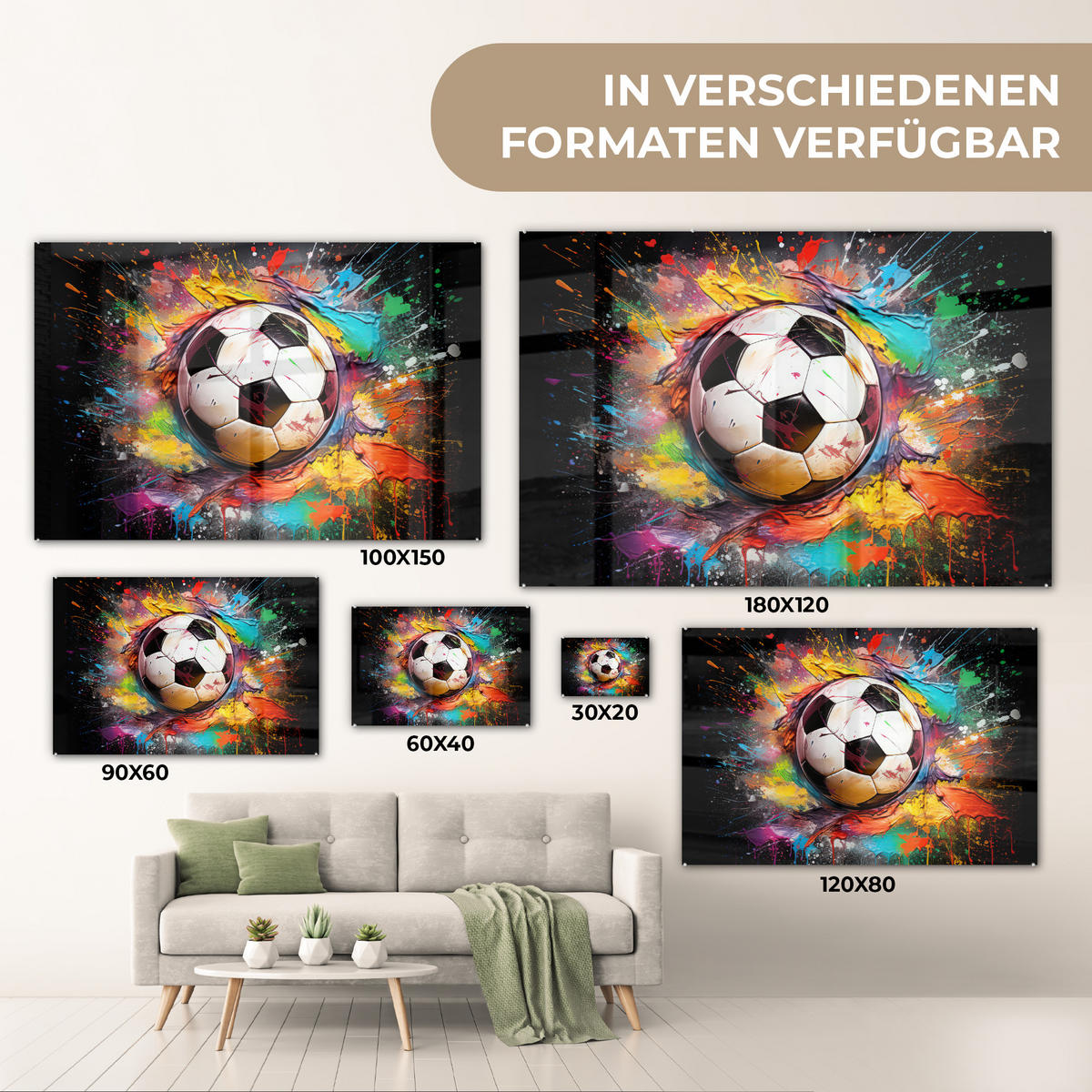 ACRYLGLASBILD Fußball - Farbe - Farben - Schwarz - Weiß 120x80 cm - Weiß, Glas (120/80cm) - MuchoWow