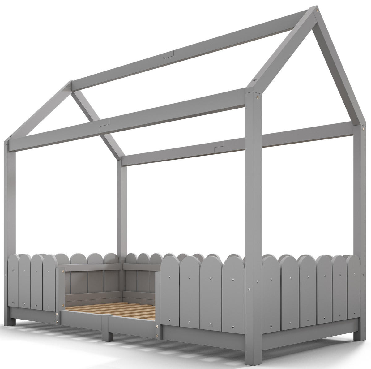 HAUSBETT 90/200 cm Grau aus Massivholz mit Rausfallschutz und Lattenrost - Grau, Holz (90/200cm) - Flora Grace