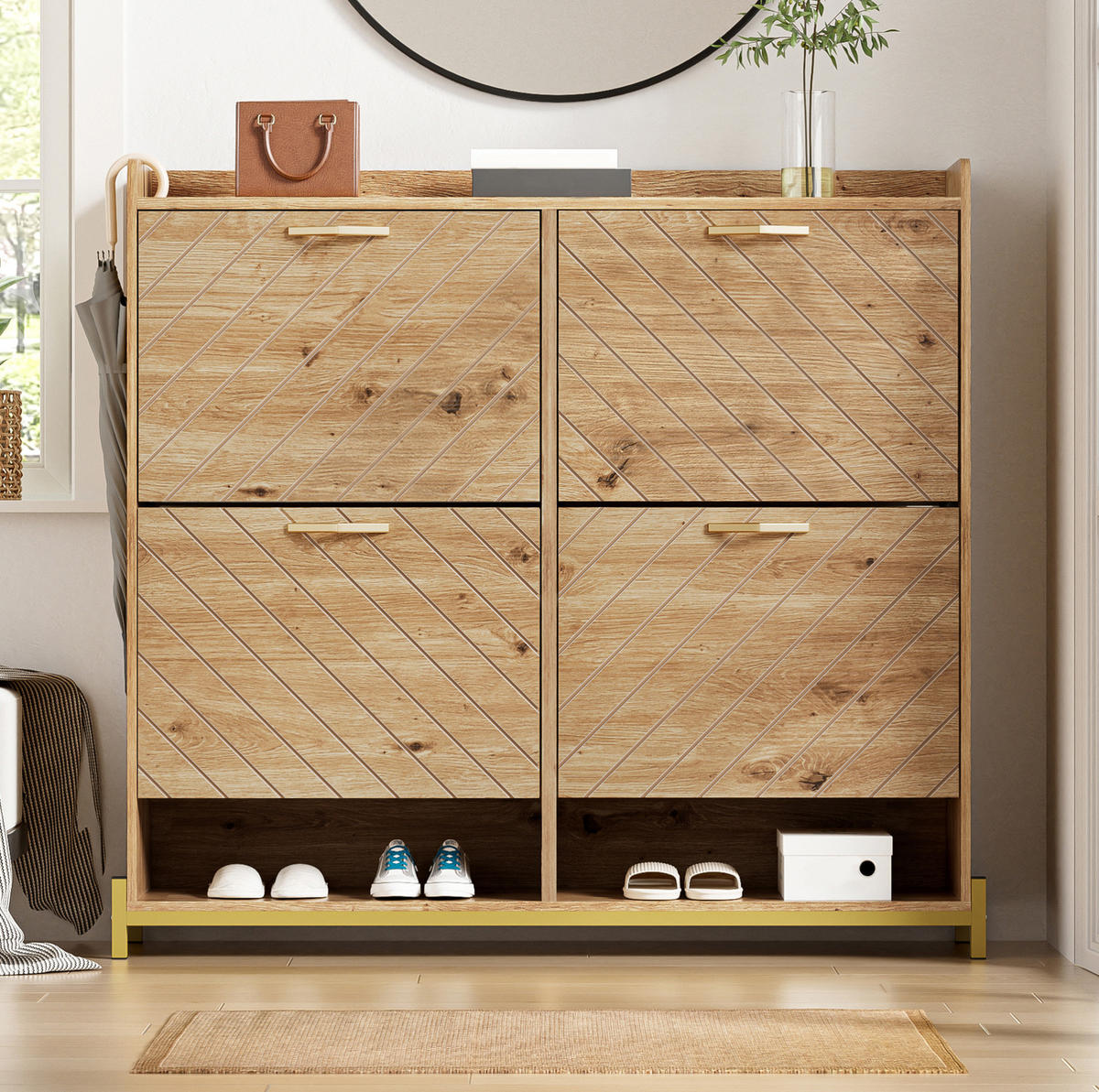 SCHUHSCHRANK 108,5/24/100 cm in Holzoptik mit 4 Türen und Metallfüßen - Naturfarben, Holzwerkstoff (108.5/100/24cm) - Flora Grace