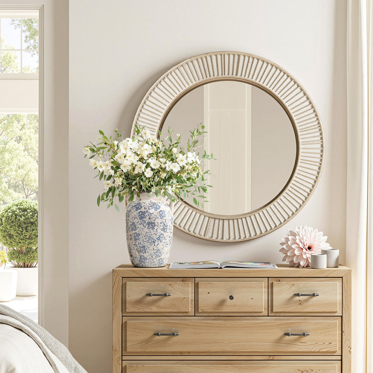 VASE Vintage, Keramik Weiß | Handbemalt, Doppelhenkel, Ø19 x H29 cm - Weiß, Keramik (29cm) - Hometopia